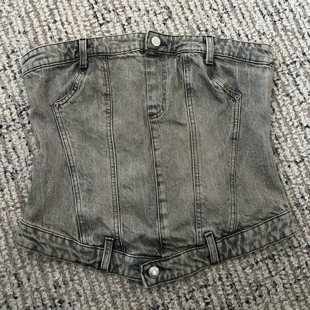 Zara Women’s L Gray Denim Corset Strapless Bustier Top Zip Smocked Back